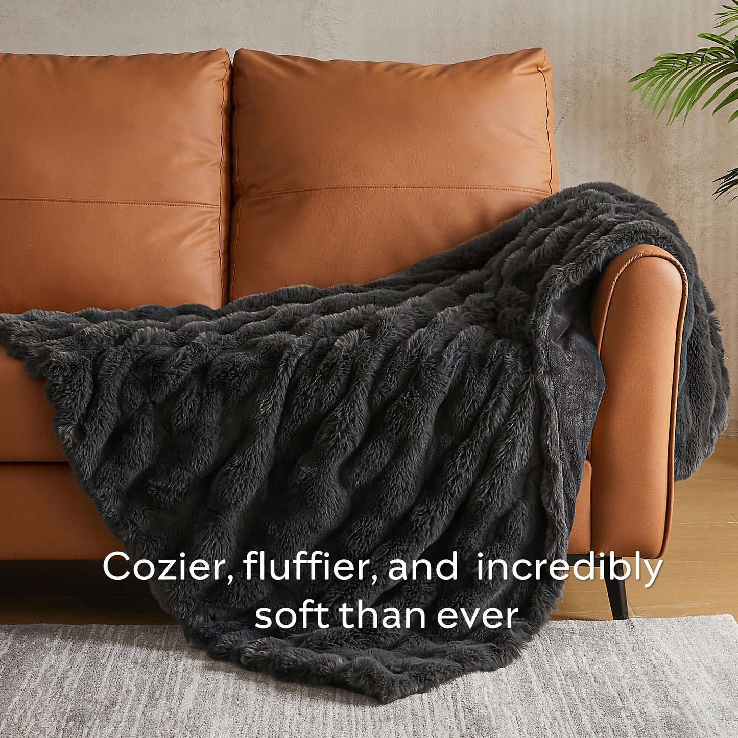 JELLYMONI Faux Fur Throw Blanket, Dark Grey Throw Blanket for Couch, Fuzzy Cozy Plush Bubble Bed Blanket, Thick and Warm Blanket, Throw (50" X 60")