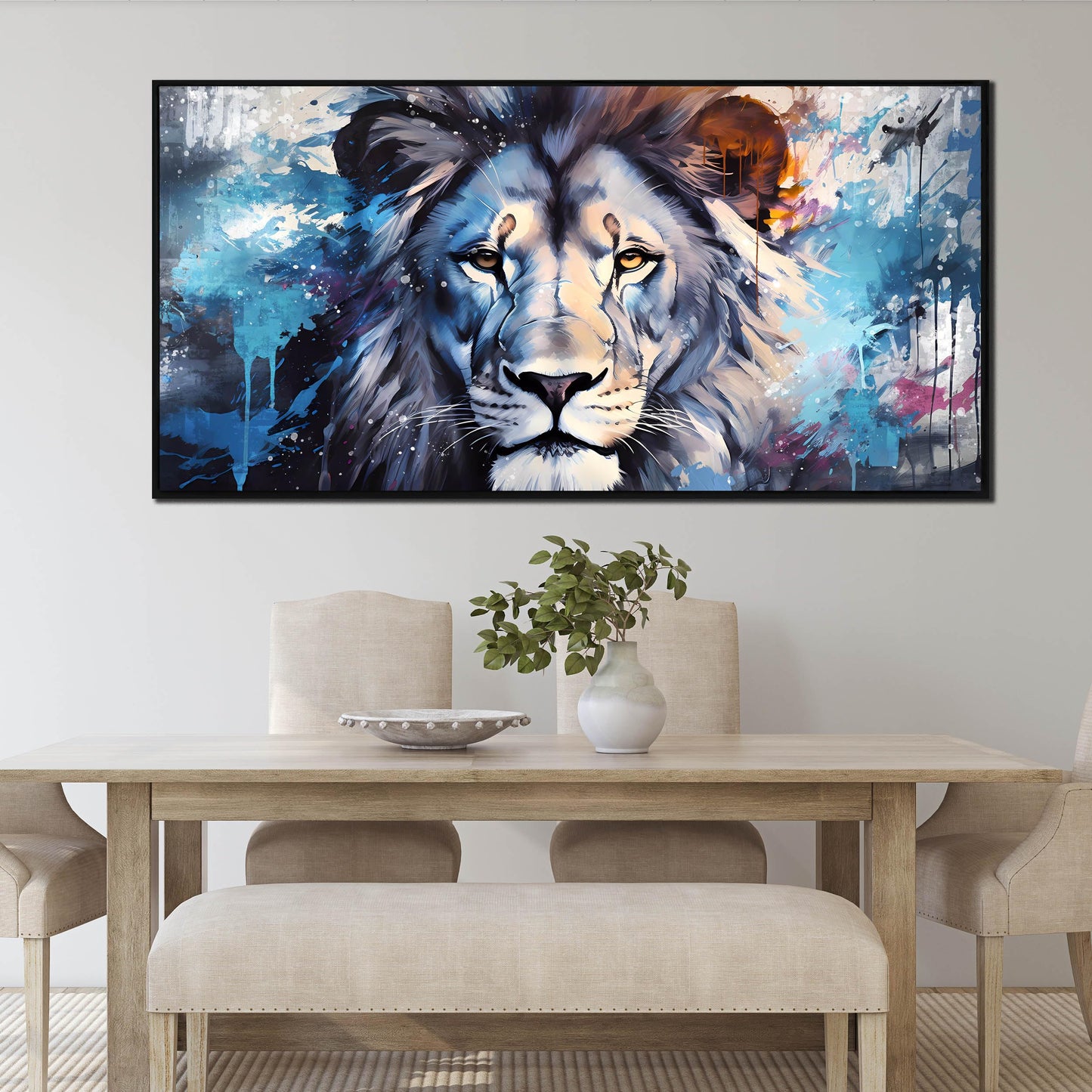 Lion Wall Art for Living Room, Animal Canvas Wall-Decor for Bedroom, Blue Picture Print, Large Size 59x29 Inches Framed
