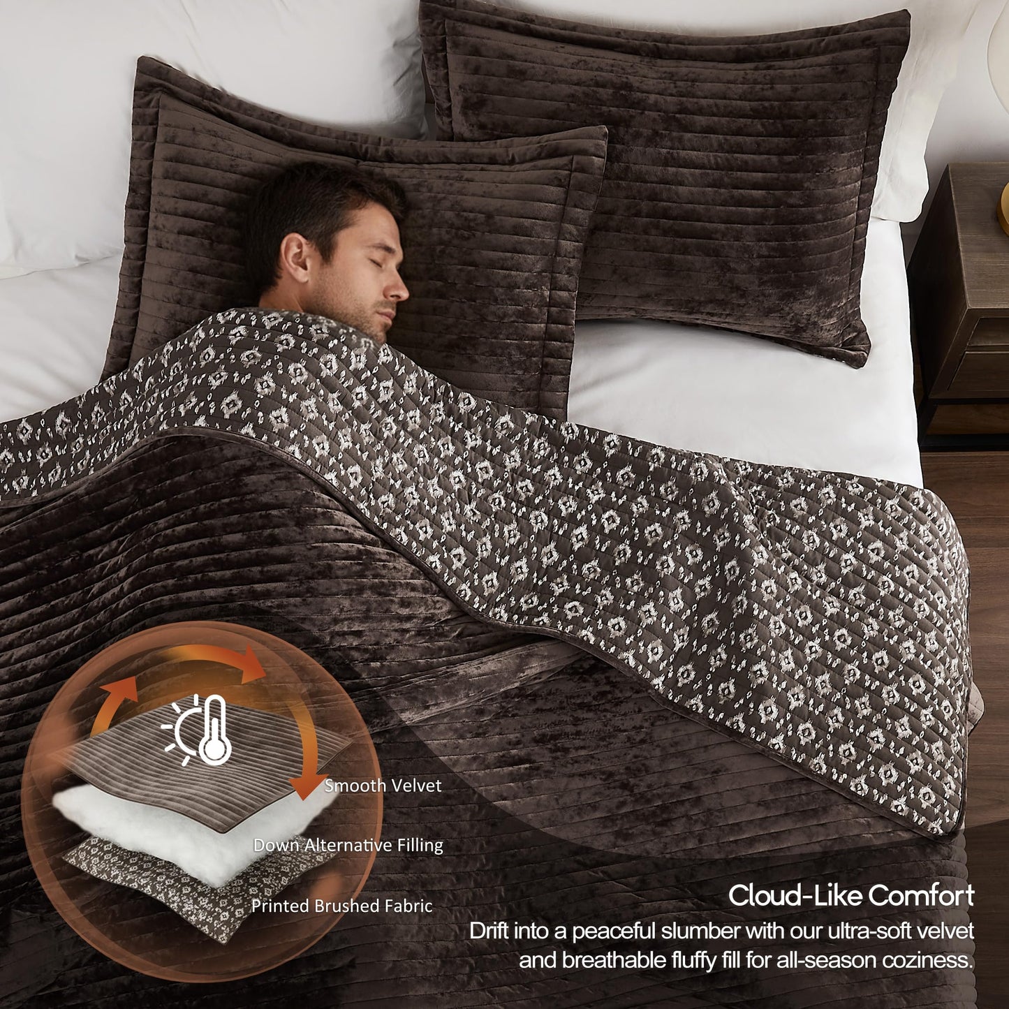 WDCOZY Brown Velvet Queen Size Quilt Set - Striped Soft Lightweight Bedspread, Neutral Channel Farmhouse Country Rustic Coverlet, Modern Bedding Warm Thin Comforter