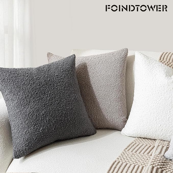 Foindtower Decorative Boucle Throw Pillow Covers Accent Solid Pillow Cases Cozy Soft Textured Couch Cushion Case for Chair Sofa Bedroom Living Room Home Decor 22 x 22 Inch,Neutral Grey