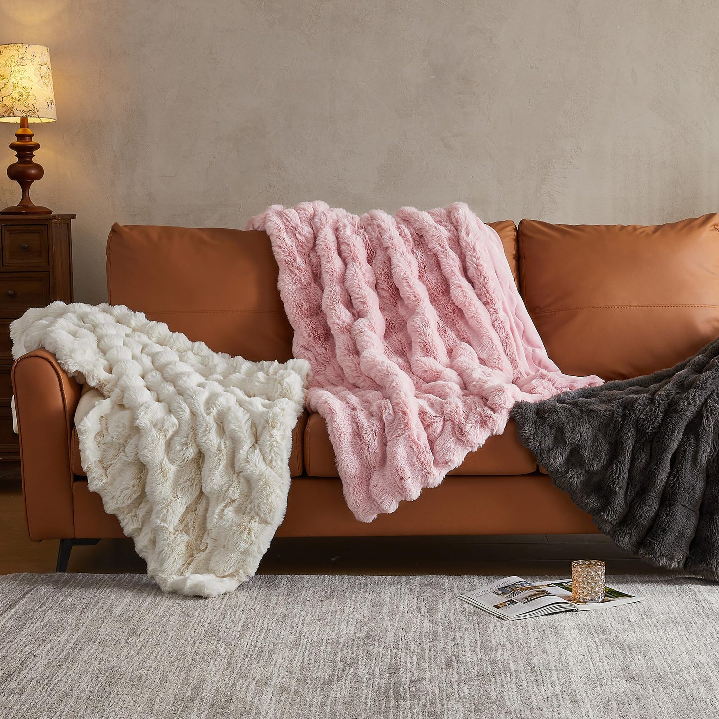 JELLYMONI Faux Fur Throw Blanket, Dark Grey Throw Blanket for Couch, Fuzzy Cozy Plush Bubble Bed Blanket, Thick and Warm Blanket, Throw (50" X 60")