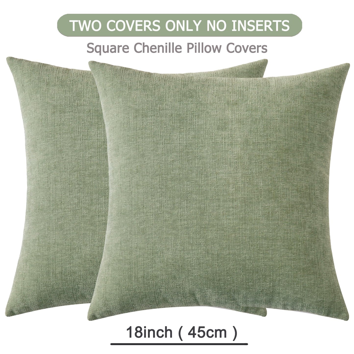 GAWAMAY Decorative Square Sage Green Throw Pillow Covers 18"x18" Inch Set of 2, Super Soft Chenille Pillows Farmhouse Fall Pillowcase for Living Room Bedroom Sofa Couch Cushion Cover 45x45cm