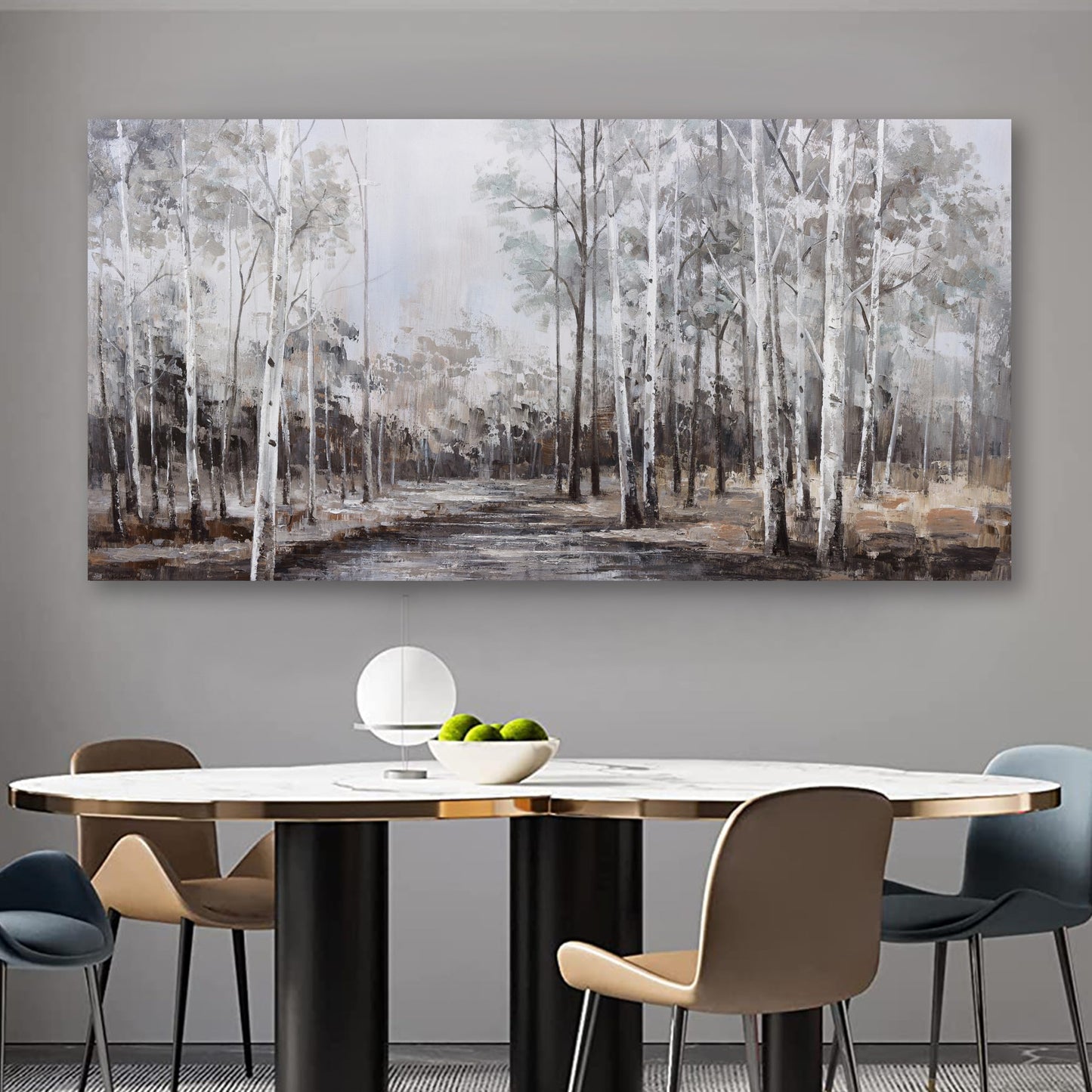 White Birch Tree Wall Art Grey Forest Painting Abstract Canvas Art Landscape Panoramic Picture Nature Artwork Framed for Living Room Bedroom Dinning Room Home Office Wall Decor 40"x20"