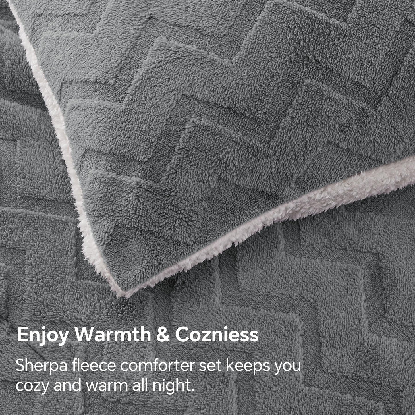 BEDELITE Fluffy King Size Comforter Set - Super Soft Sherpa Grey Comforter for King Size Bed, Luxury Warm Bedding Set for Winter, Fuzzy Bed Set 3 Pieces (1 Comforter, 2 Pillowcases)