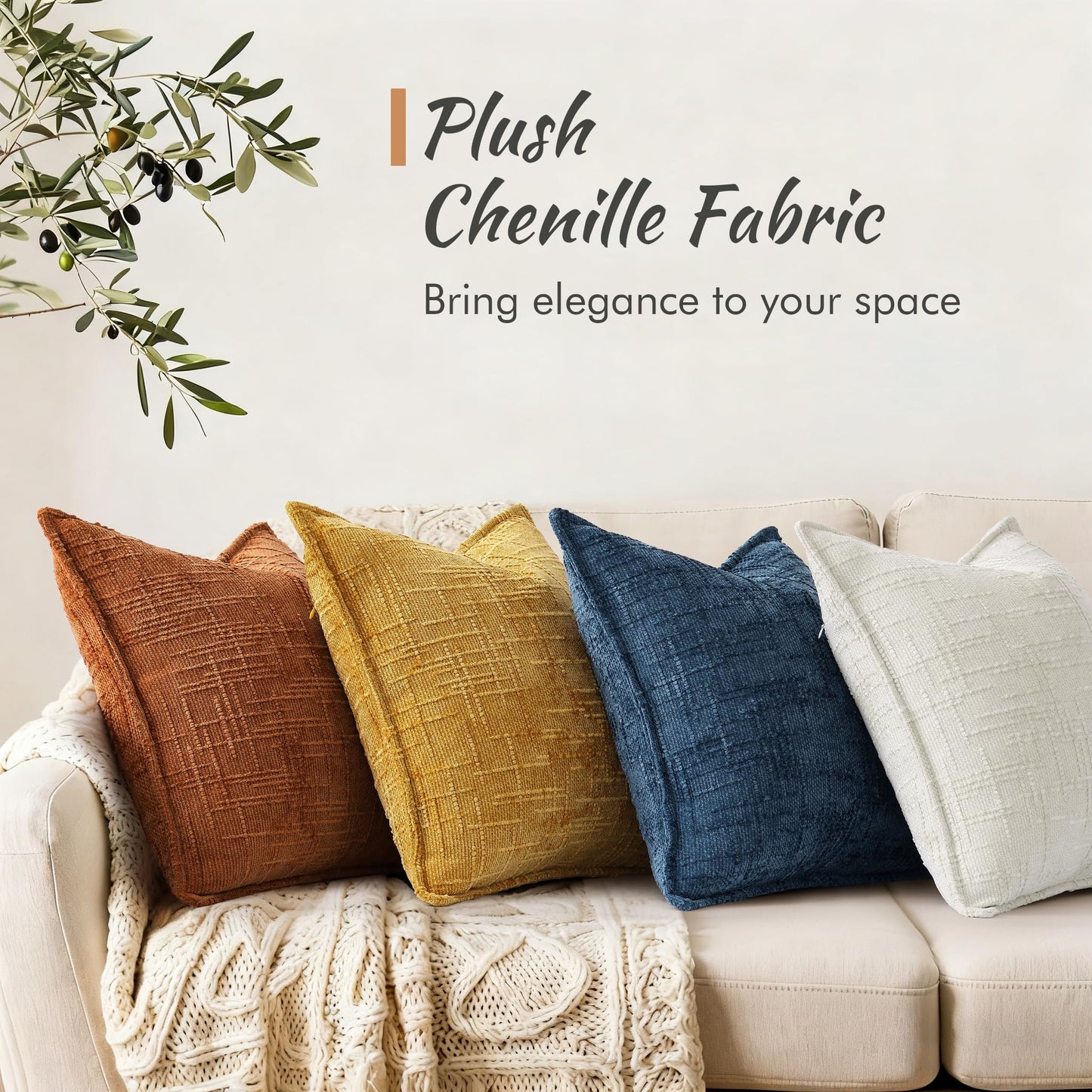 decorUhome Chenille Throw Pillow Covers 26x26 Set of 2, Soft Textured Slubby Modern Decorative Pillow Covers with Elegant Design for Couch, Sofa, Living Room, Cream White
