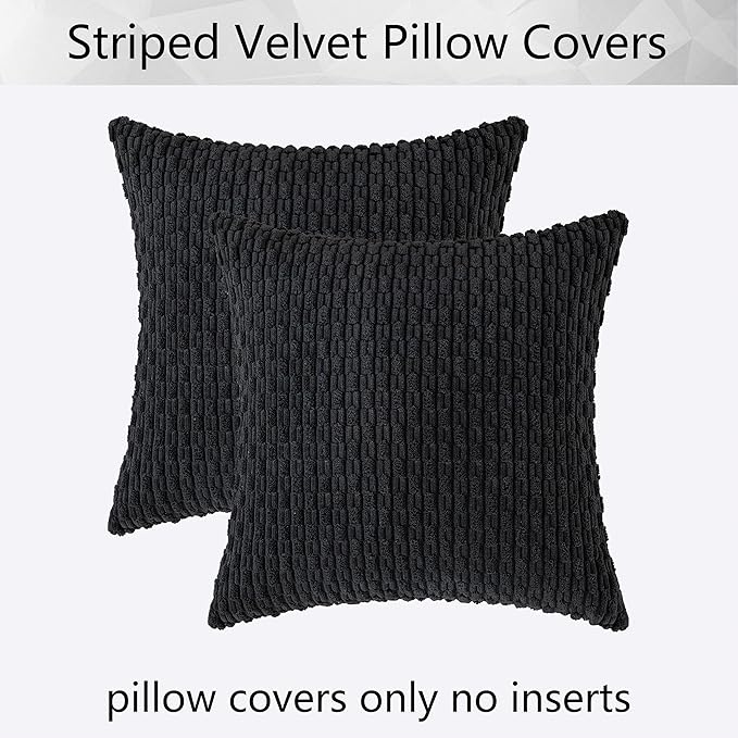 Kevin Textile Pack of 2 Corduroy Decorative Throw Pillow Covers 26x26 Inch Soft Boho Striped Pillow Covers Modern Farmhouse Home Decor for Spring Sofa Living Room Couch Bed Black