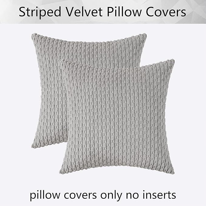 Kevin Textile Euro Sham Pillow Covers 28x28 Inch 2 Packs Soft Boho Striped Corduroy Decorative Throw Pillows for Living Room Couch Bed Sofa Rustic Farmhouse Home Decor 71x71cm Light Grey
