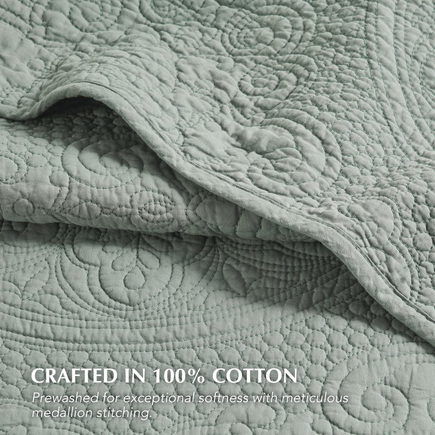 EverGrace Medallion Stitch Cotton Quilt Set King Size, 3-Piece 100% Cotton Quilted Bedspread Coverlet Bedding Set with Pillow Shams, Oversized Lightweight Soft & Breathable All-Season, Soft Sea
