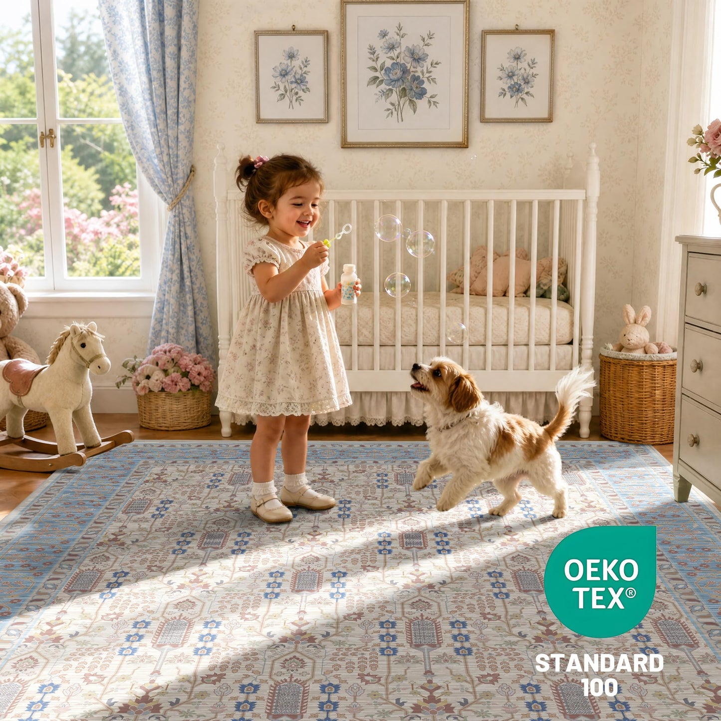Deerly 5x7 Area Rugs Living Room, Low Pile Ultra Soft Rugs with Non-Slip Backing Machine Washable Vinatge Boho Carpet for Bedroom Playroom Nurseryroom, Kid & Pet Friendly Print Floor Beige Rug 5x7ft