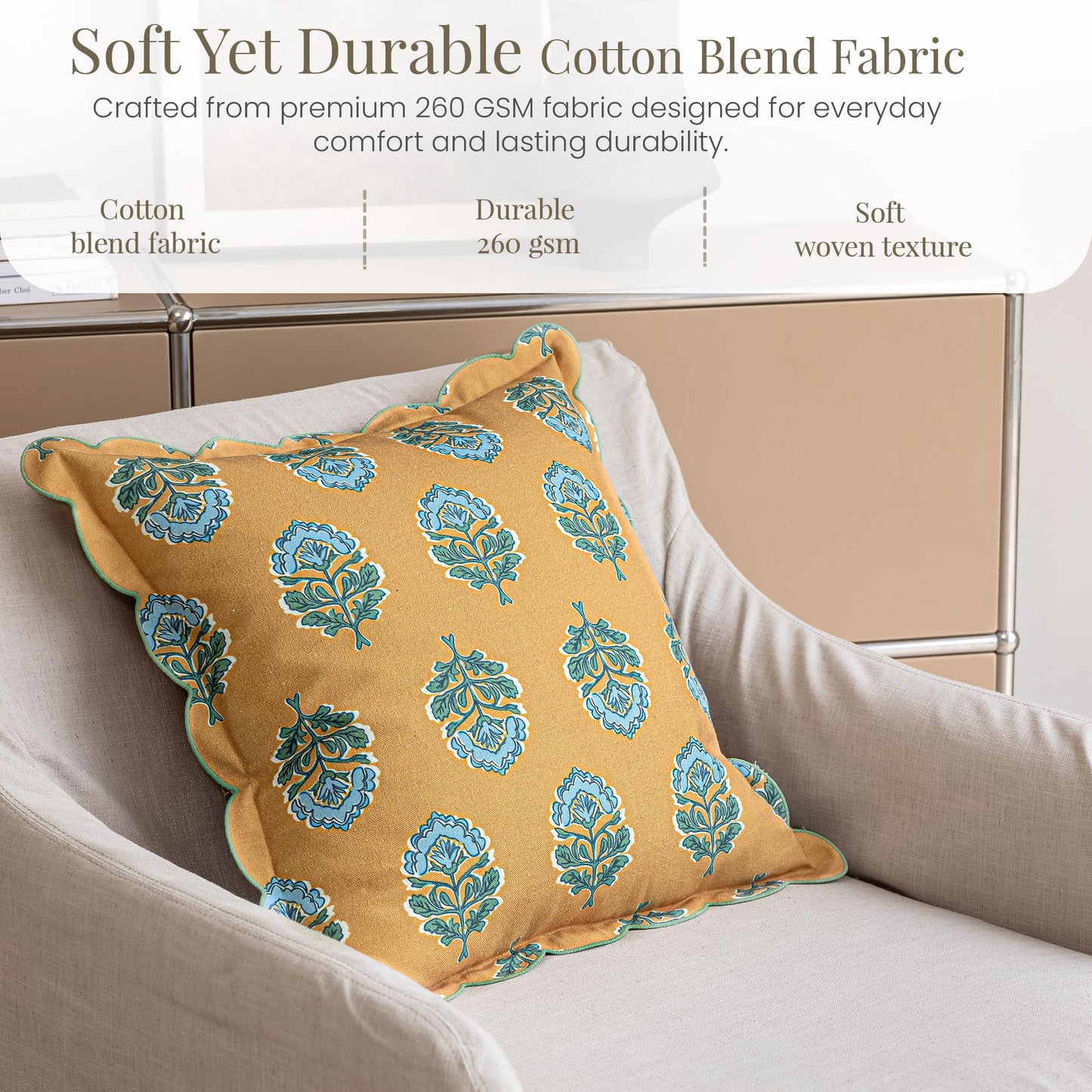DrapePalette - Scalloped Throw Pillow Covers with Block Print Floral Patterns and Hidden Zipper - Gold Bloom, 20 x 20 Inches Pack of 1 - Soft Indoor Pillow Case for Livingroom, Bedroom, or Lounge