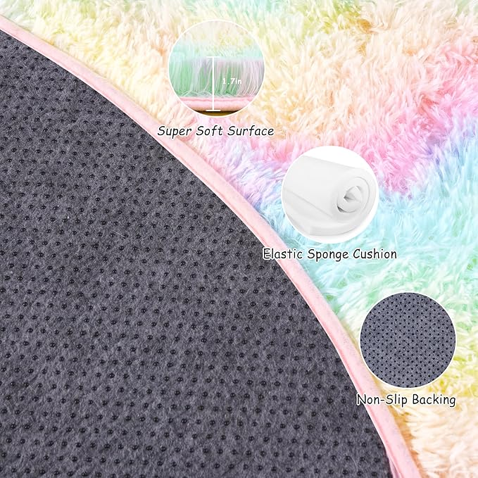 Round Fluffy Rugs 5Ft for Girls Bedroom, Rainbow Shag Circle Kids Rug Non-Slip for Bedside Dorm Nursery Playroom, Soft Cute Area Rugs for Living Room Decor