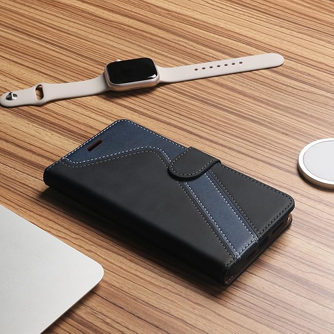CIVICASE for iPhone 16 Pro Wallet Case,PU Leather Flip Case RFID Blocking Credit Card Holder Folio Magnetic Stand TPU Shockproof Cover Compatible with iPhone 16 Pro, Black Blue