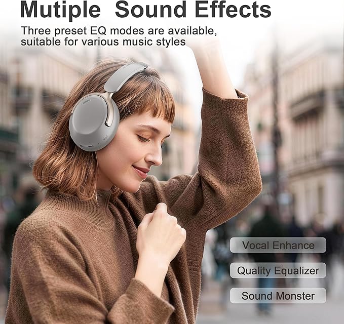 LORELEI Q30 Bluetooth Headphones Over Ear,60H Playtime & 3 EQ Music Modes,BT6.0 Headphones Wireless with Mic,Foldable Lightweight Headsets,HiFi Stereo Deep Bass for Home Travel iPad Tablet-Dunes Grey