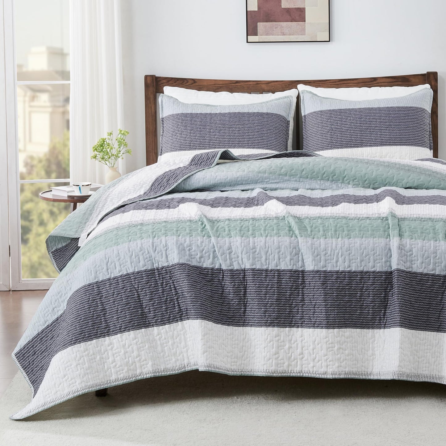 Andency Stripe Quilt Set Cal King(104x112 Inch), 3 Pieces (1 Striped Quilt and 2 Pillowcases) Patchwork Bedspread Coverlet Set, Lightweight Soft Quilted Bedding Set