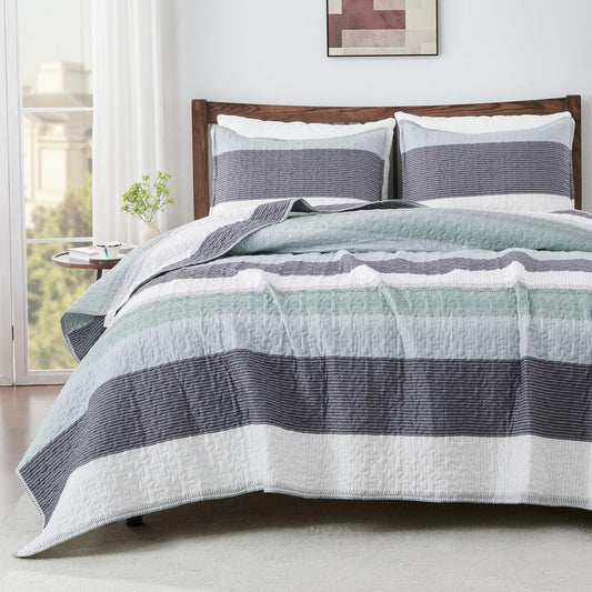 Andency Stripe Quilt Set Cal King(104x112 Inch), 3 Pieces (1 Striped Quilt and 2 Pillowcases) Patchwork Bedspread Coverlet Set, Lightweight Soft Quilted Bedding Set