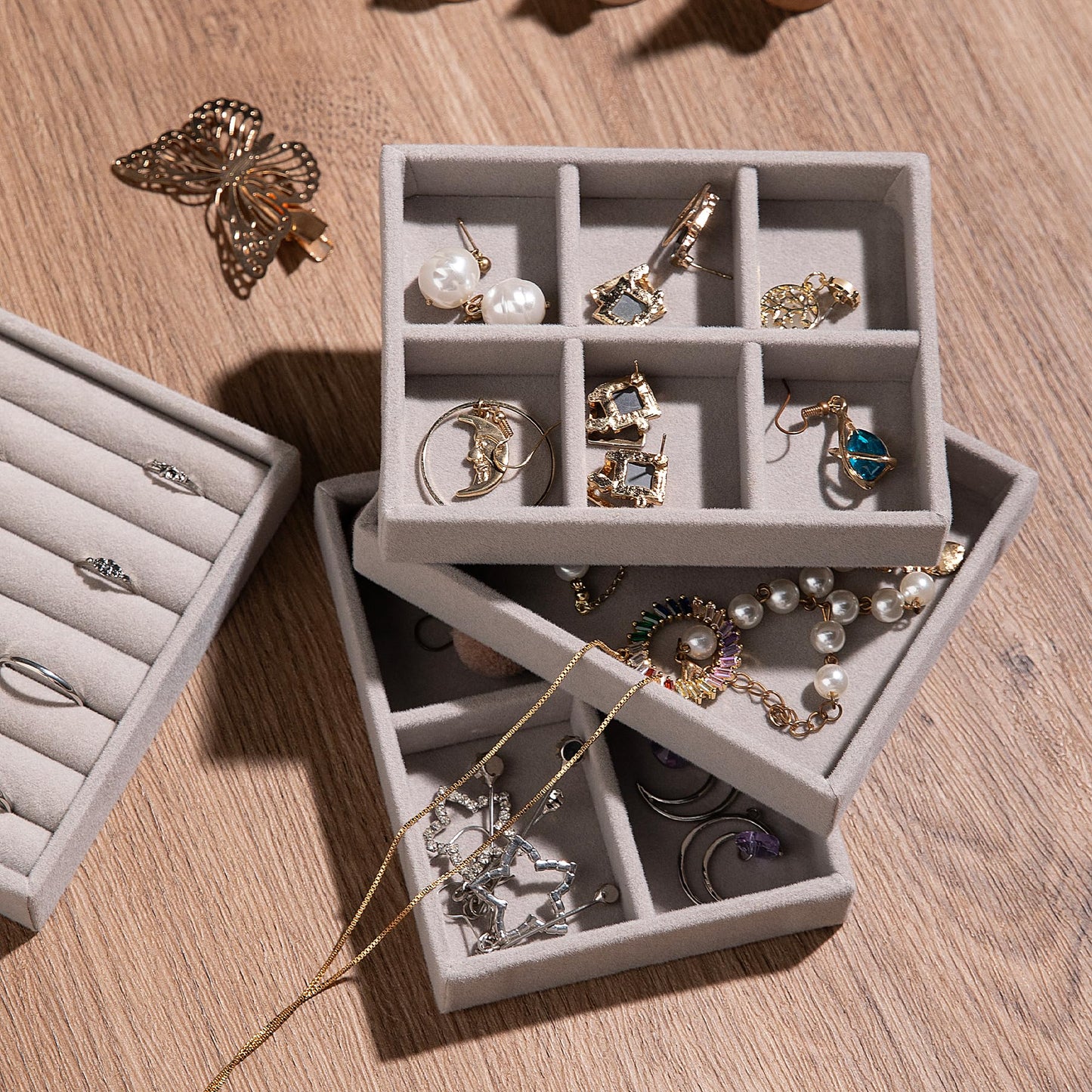 Frebeauty Small Jewelry Tray Set,Stackable Velvet Jewelry Organizer Tray,Mini Jewelry Drawer Organizer,Drawer Inserts,4.92 x 3.74 x 0.9 Inches,Earring Organizer for Women(Set 4,Grey)