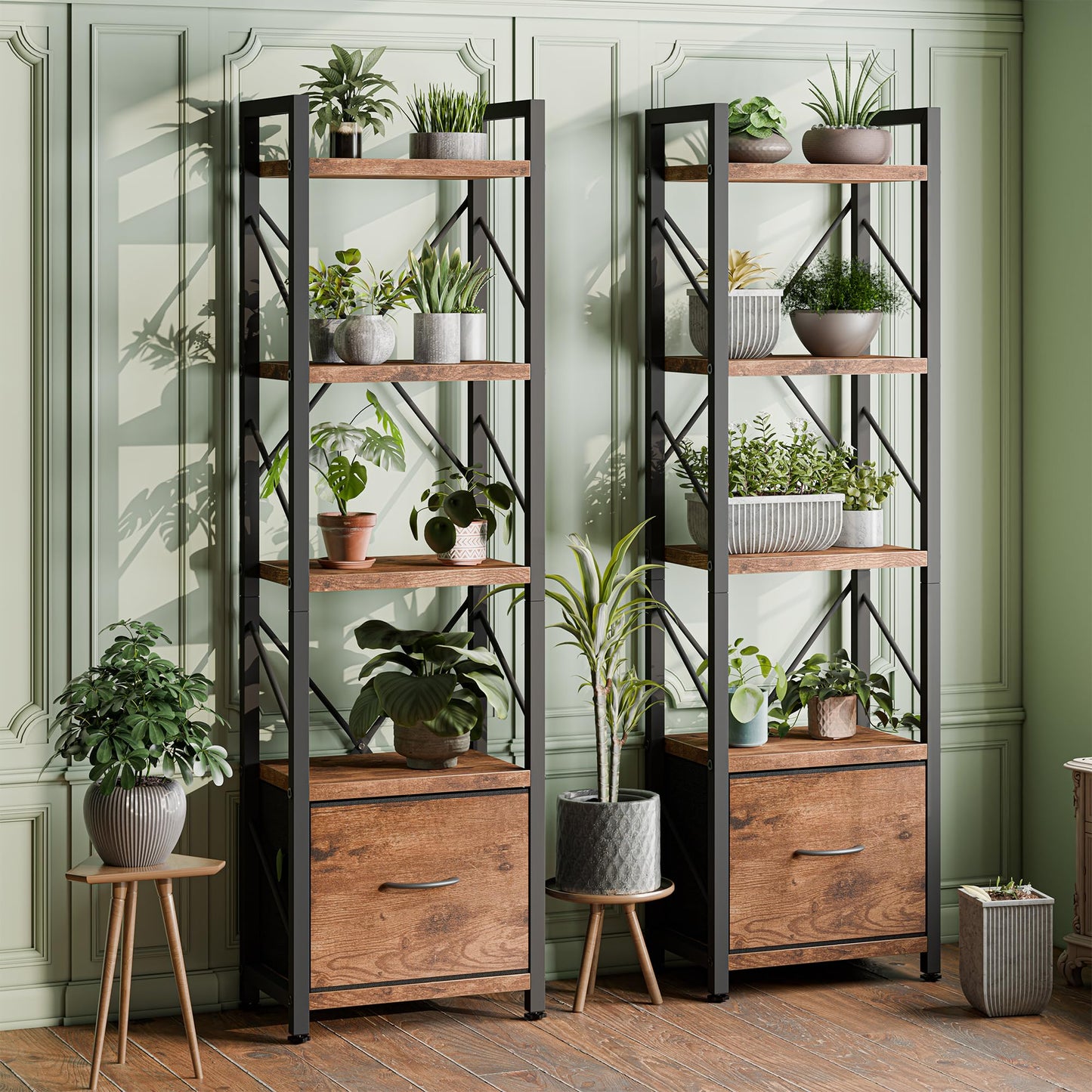 Shintenchi Bookshelf, 5 Tier Bookcase with Drawer, Modern Tall Bookshelves Storage Organizer, Industrial Book Shelves for Bedroom, Living Room, Office, Rustic Brown