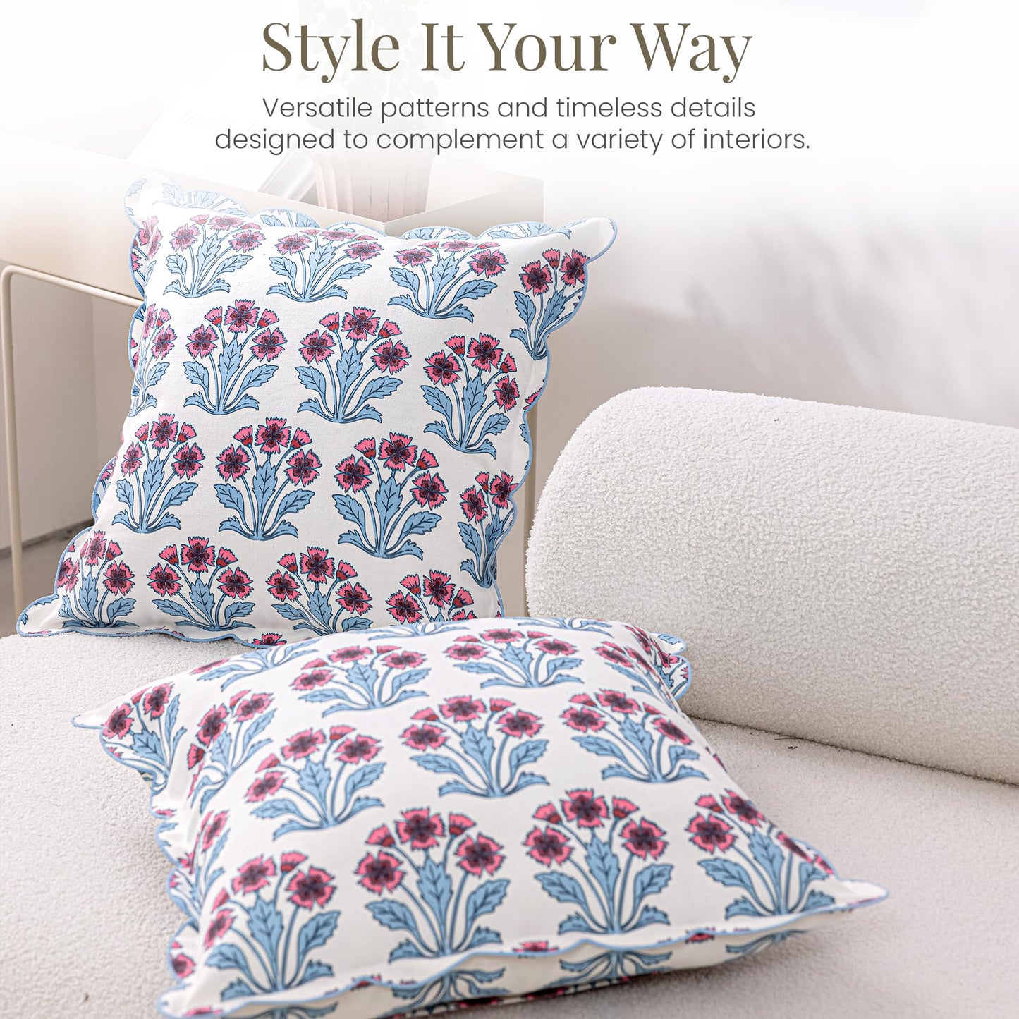 DrapePalette - Scalloped Throw Pillow Covers with Block Print Floral Patterns and Hidden Zipper - Pink Fern, 20 x 20 Inches Pack of 1 - Soft Indoor Pillow Case for Livingroom, Bedroom, or Lounge