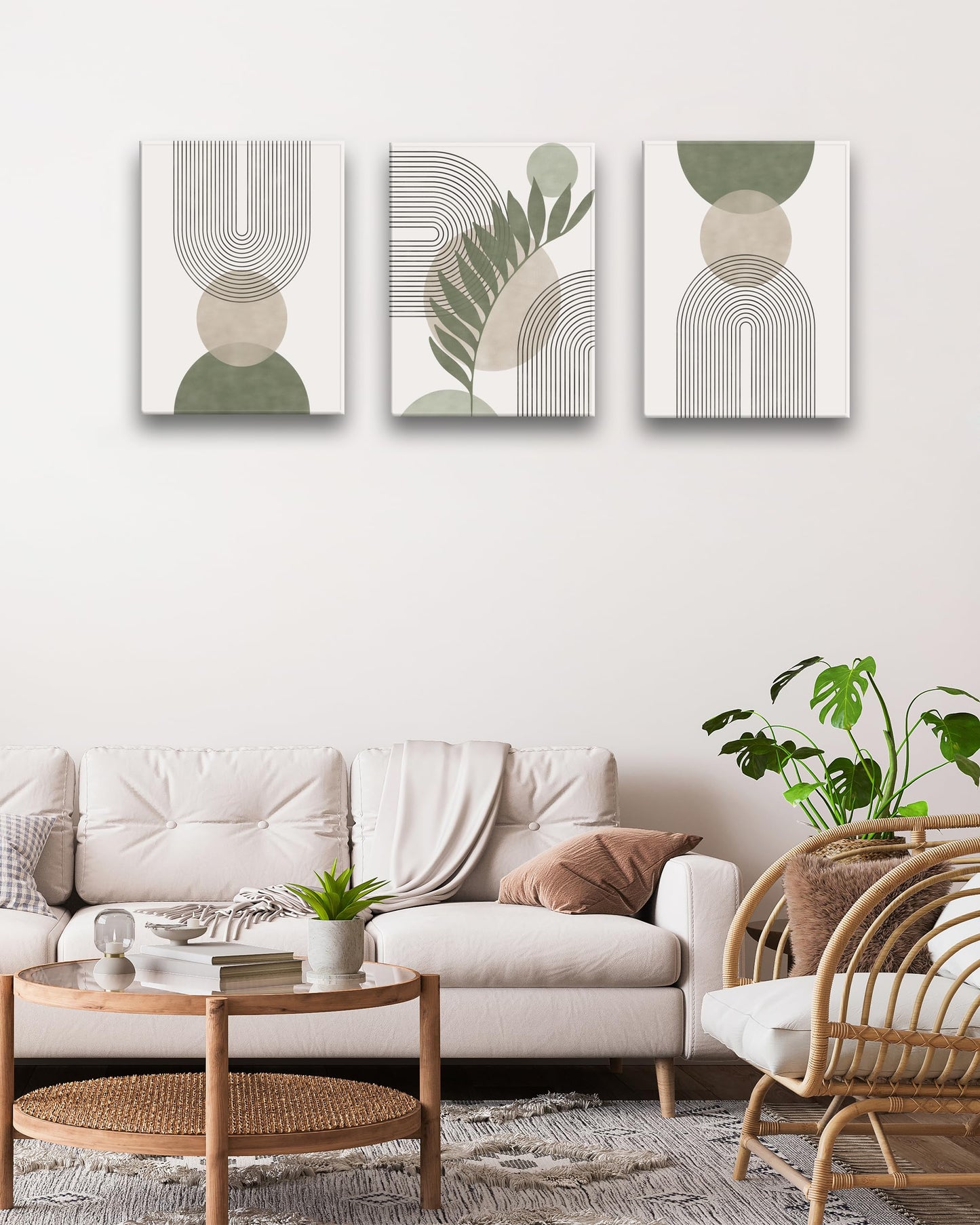 HesenDot 30x40CM Sage Green Boho Wall Art,Framed Canvas Bathroom Wall Art Pictures, Mid-Century Modern Wood Framed Abstract Prints for Bedroom,Minimalist Office Wall Decor 3Pack