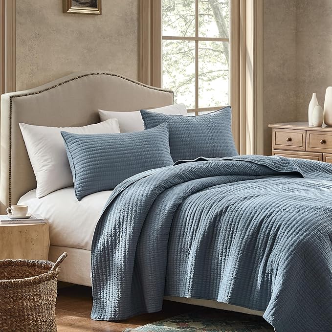 WDCOZY 100% Cotton King Size Quilt Set - Blue Striped Pick Stitch Soft Lightweight Bedspread, Textured Like Linen, Farmhouse Country Rustic Coverlet, Shabby Chic Gauze Bedding, 3 Pieces