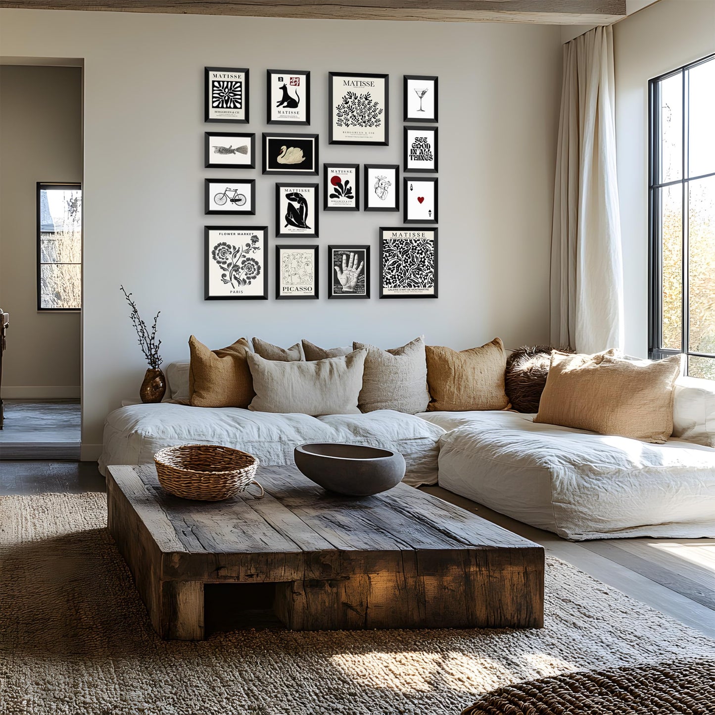 LANCHI95 16 PCS FRAMED Black and White Home Decor, Eclectic Wall Art, Minimalist Posters for Living Room Aesthetic, Matisse Abstract Gallery Wall Prints for Bedroom, Collage Kit Pictures (Black Eclectic 1)