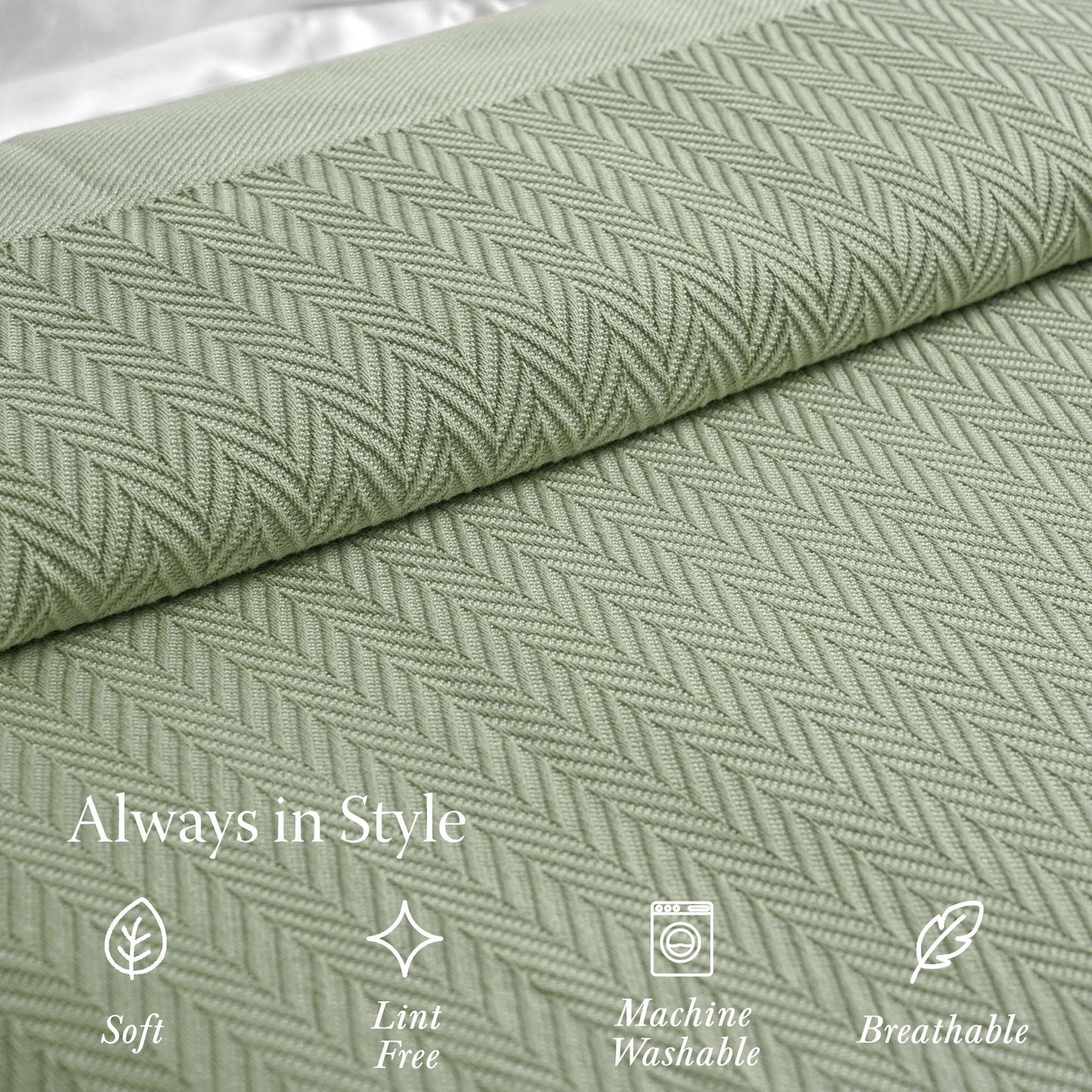 Threadmill Luxury Cotton Blankets Queen Size | All-Season 100% Cotton Blanket for Queen/Full Size Bed | Herringbone Soft Breathable | Sage Green