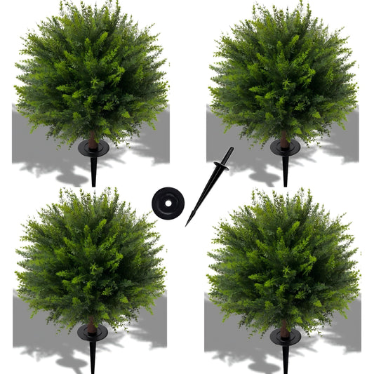 NSOPB 24.5 Inch (H) Artificial Cedar Topiary Ball Trees, Set of 4 Fake Shrub Bushes with Ground Spike, UV Resistant Faux Cypress Greenery Decor for Outdoor Garden, Patio, Front Porch, and Indoor Use