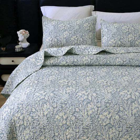DURLENGEN Quilt Set California King Size 3Pcs,Bluish Grey Printed with Beige Leaves Pattern,Soft Microfiber Lightweight Bedspread for All Season Layering(112x104,Beige Botanical)