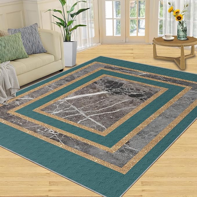 Emerald Green Marble Rug Luxury Teal Marble Area Rug Gilded Geometric Carpet Vintage Stone Crack Carpet for Bedroom Bedside Living Room 8x10ft