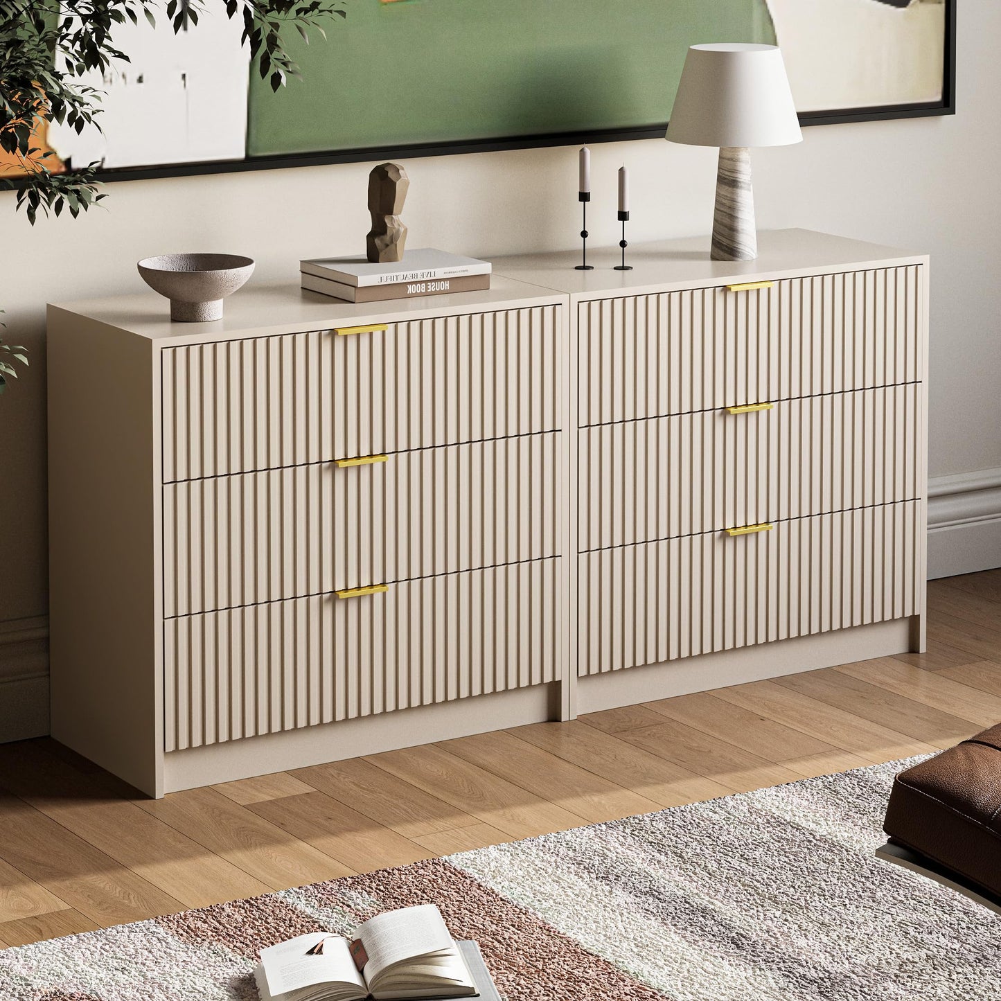 MAISONARIA 3-Piece Dresser Bedroom Set, 8 Drawer Dresser & 3 Drawer Nightstands with Gold Handles, Fluted Wood Chest of Drawers for Bedroom, Living Room, Entryway, Beige