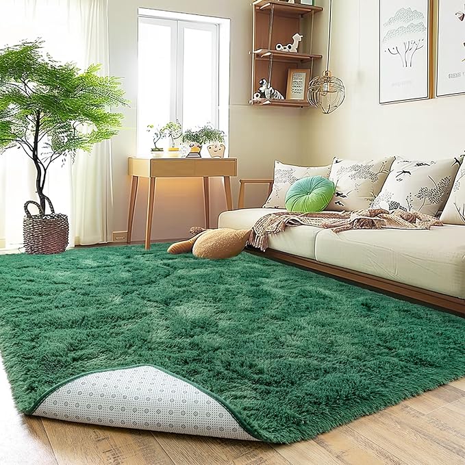 Super Fluffy Rug for Bedroom, 4x6 Shag Fuzzy Area Rug for Living Room Bedroom, Plush Soft Carpet for Girls Boys Kids, Non Slip Throw Rugs for Dorm, Modern Home Decor Aesthetic, Dark Green