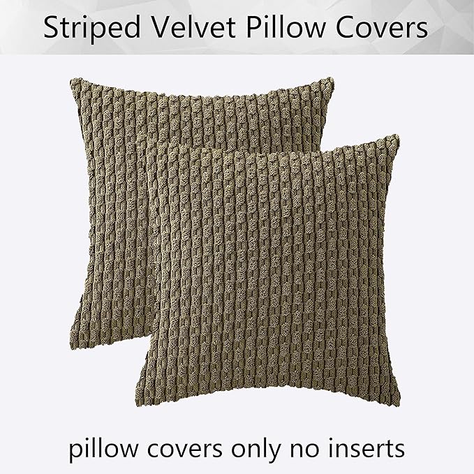 Kevin Textile Pack of 2 Corduroy Decorative Throw Pillow Covers 18x18 Inch Soft Boho Striped Pillow Covers Modern Farmhouse Home Decor for Sofa Living Room Couch Bed Olive Green
