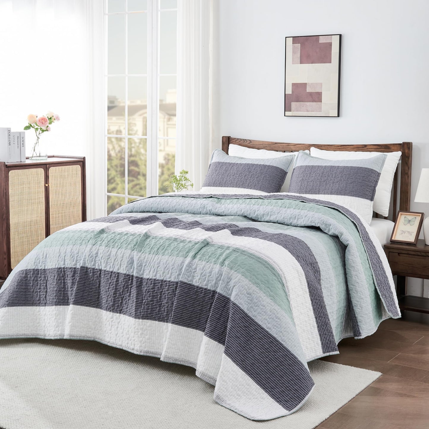 Andency Stripe Quilt Set Cal King(104x112 Inch), 3 Pieces (1 Striped Quilt and 2 Pillowcases) Patchwork Bedspread Coverlet Set, Lightweight Soft Quilted Bedding Set