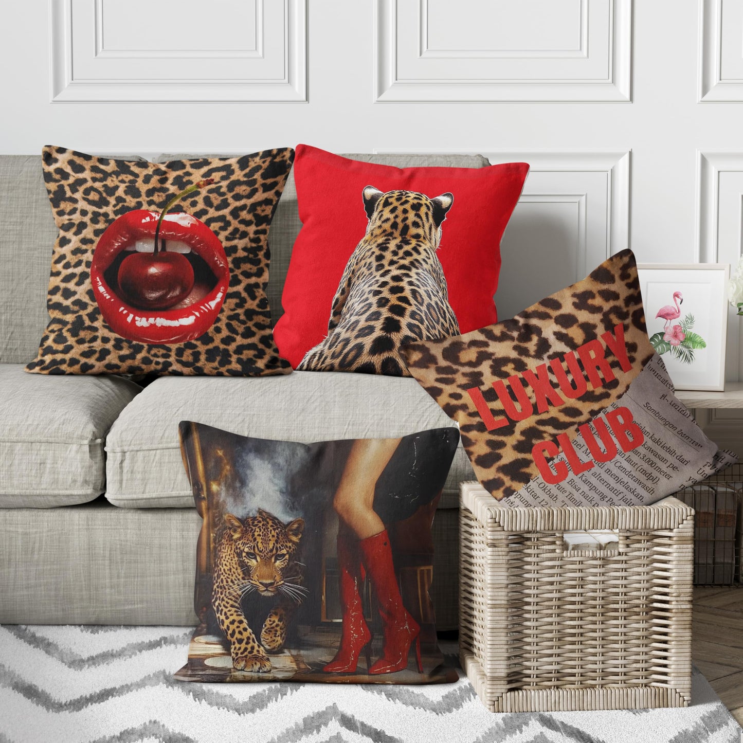 QGFM Trendy Red Leopard 18x18 Pillow Covers Set of 4, Red and Cheetah Room Decor, Funky Leopard Print Cherry Lip High-Heel Decorative Throw Pillow Covers for Girls Bedroom Dorm Apartment Home