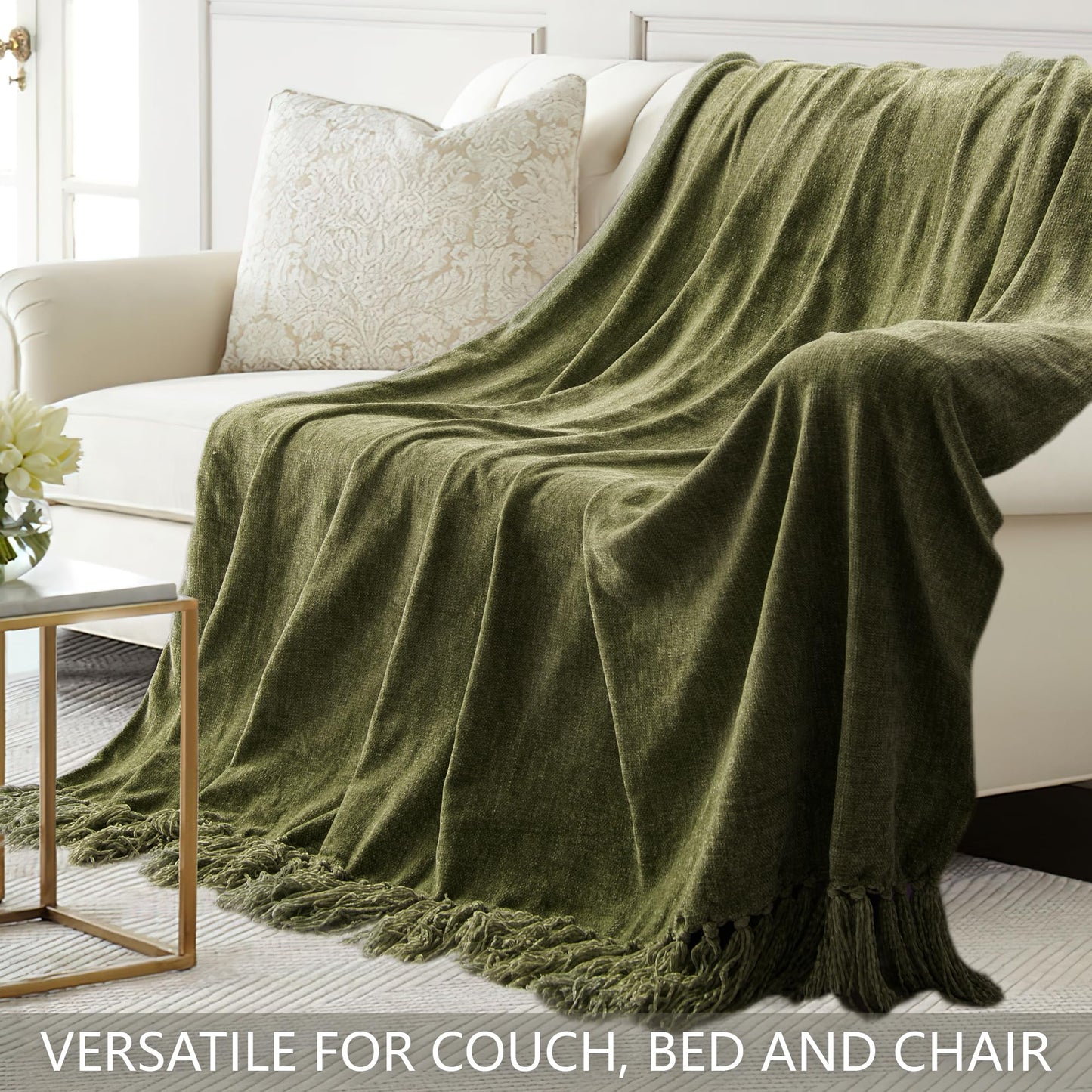 LONG CREATE Chenille Throw Blanket for Couch 50"X 60", Soft Cozy Throws with Fringe Tassel for Bed Sofa Chair Cover, Lightweight Knitted Decorative Boho Blankets for Living Room, Olive Green