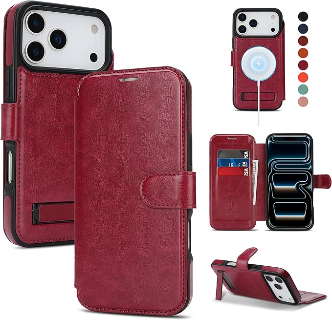 CIVICASE for iPhone 17 Pro Wallet Case with Stand,PU Leather Flip Credit Card Holder Slots (RFID Blocking),Compatible with Magsafe Magnetic Holder Phone Cover Women Men,Wine Red