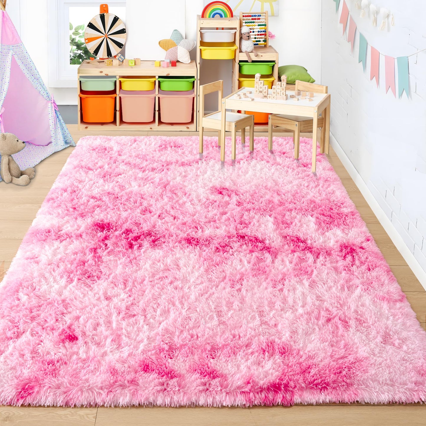 Foxmas Soft Fluffy Area Rugs for Bedroom Kids Room Plush Shaggy Nursery Rug Furry Throw Carpets for Boys Girls, College Dorm Fuzzy Rugs Living Room Home Decorate Rug, 3ft x 5ft, Tie-Dyed Pink