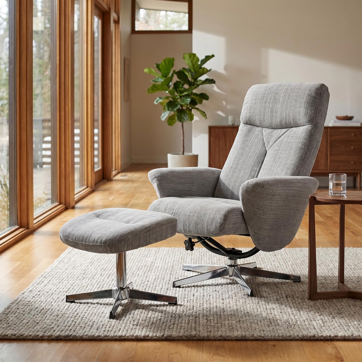 Trygoal Recliner Chair with Ottoman, 360° Swivel Ergonomic Chenille Armchair Reclining with High Back & Wide Armrests, 135° Manual Adjustable Lounge Chair with 4-Point Base for Living Room, Light Grey