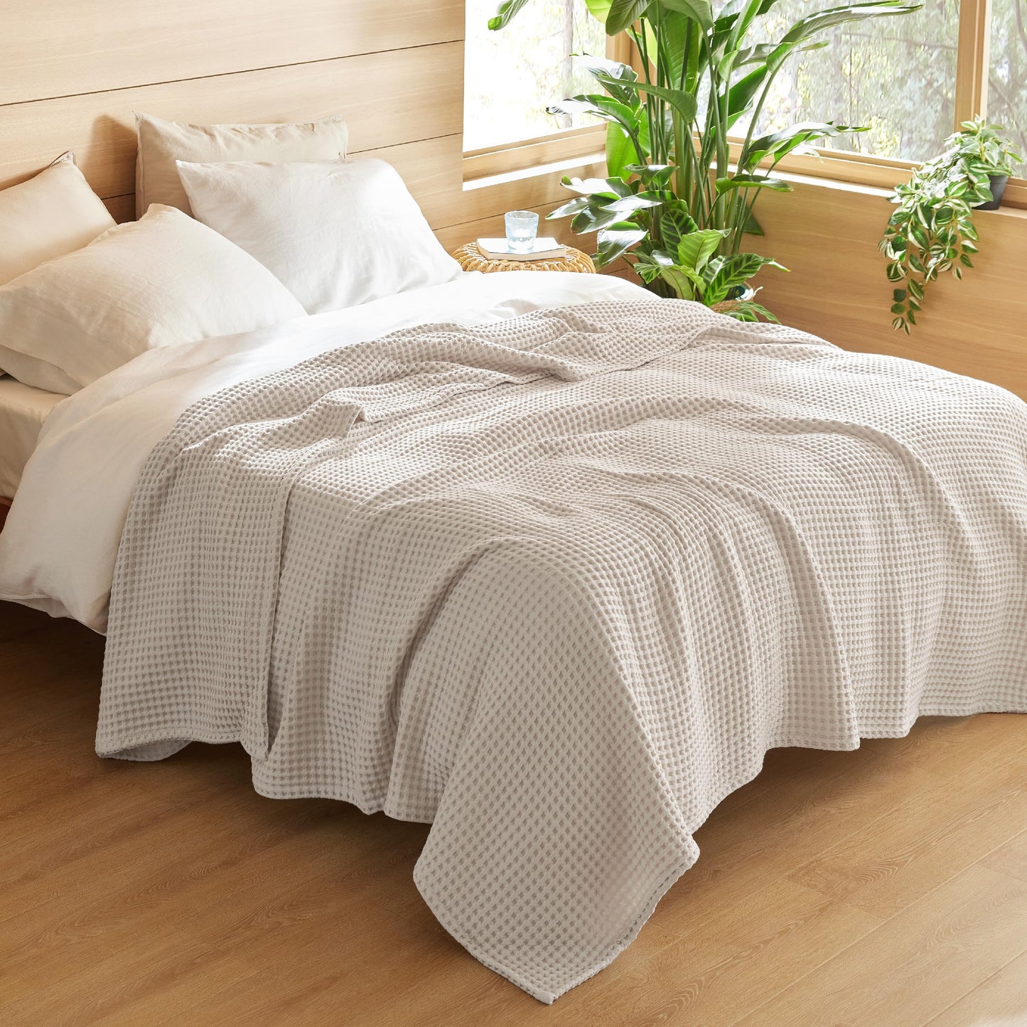 Bedsure 100% Cotton Waffle Weave King Size Blanket for Bed, Ultra Soft Summer King Blanket for Bed, Thin Lightweight Breathable Summer Bedding Gifts for Women, Men, Teens, Linen, 108" x 90"