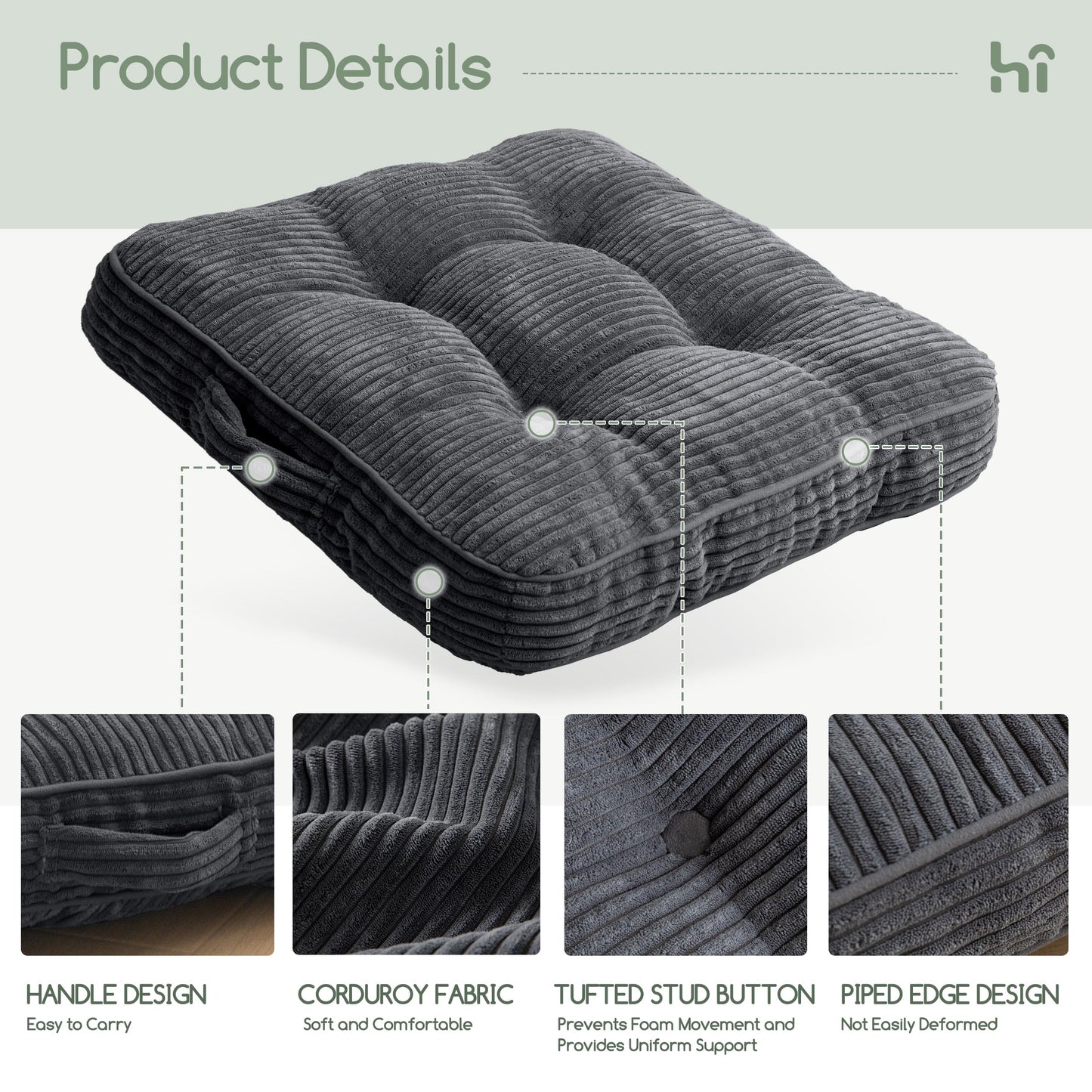 HIGOGOGO Floor Pillow Cushion for Adults, Meditation Cushion Pillow, Large Square Floor Sitting, Tufted Corduroy Cover, for Tatami Living Room or Yoga, 22x22 Inch, Dark Grey