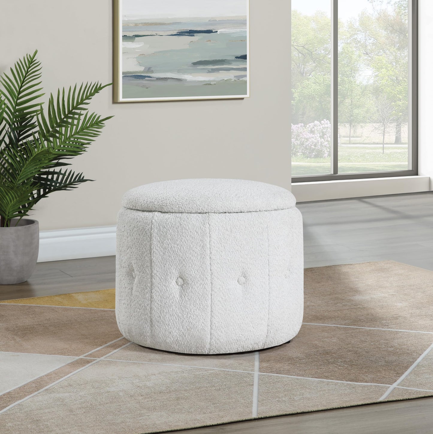 OSP Home Furnishings Brayfield Round Upholstered Storage Ottoman, Sherpa Parchment Fabric