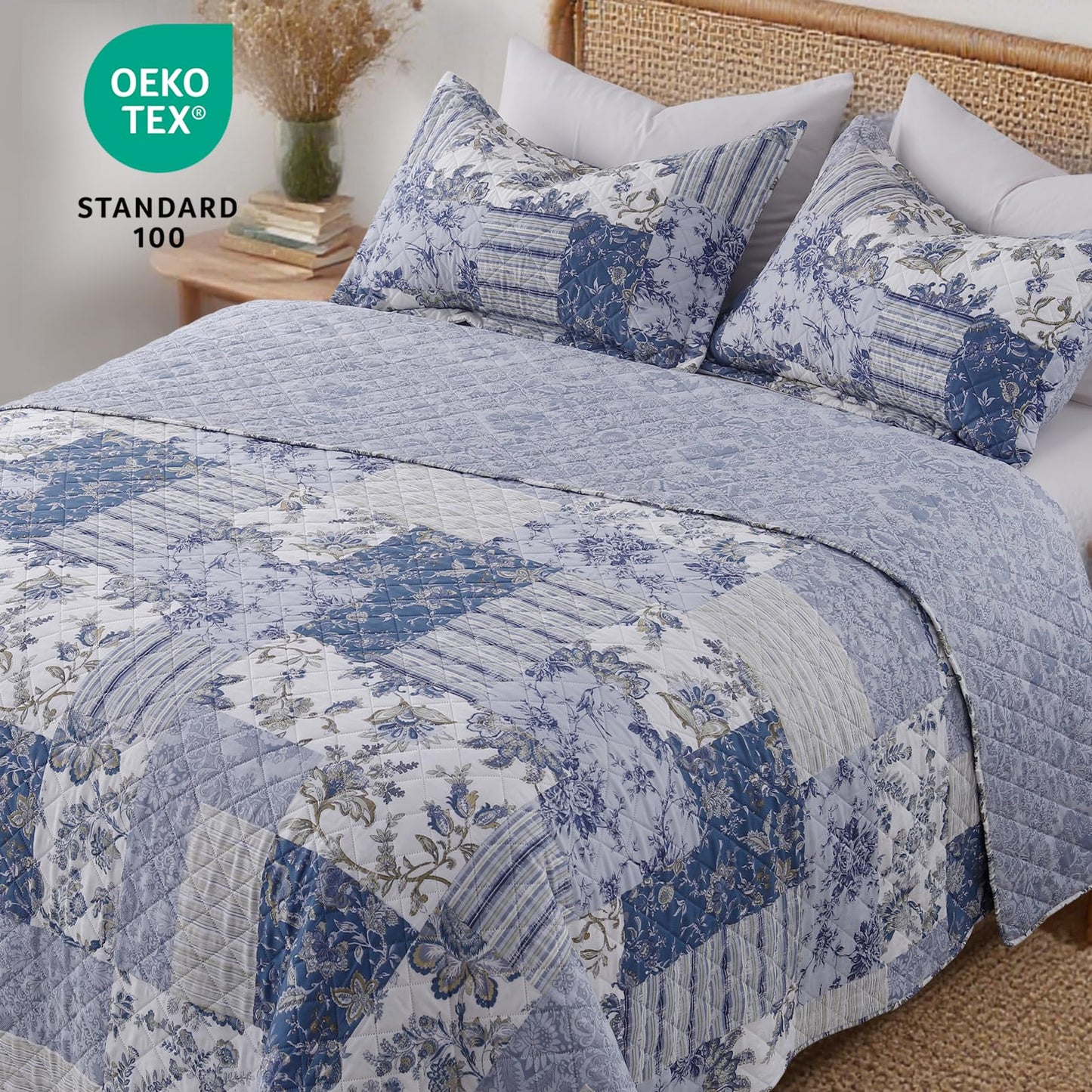 GOONE XL Queen Quilt Set 90"x96", Reversible Blue Floral Boho Queen Size Quilt Bedding Set, Lightweight Spring & Summer Farmhouse Bedspread, Coverlet Quilts Queen Size with 2 Pillow Shams