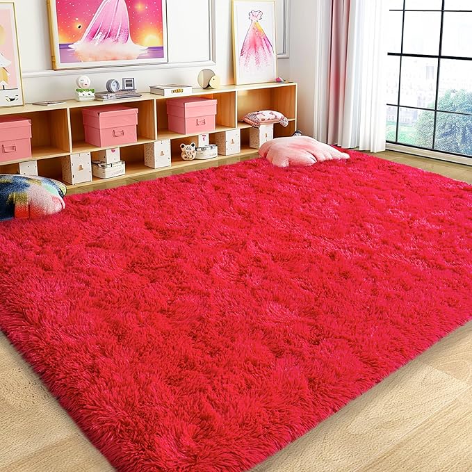 Large 9x12 Area Rugs for Living Room, Soft Shag Thick Fluffy Rug for Bedroom, Non Slip Plush Fuzzy Carpet for Girls Boys Kids Dorm Rug for Home Decor Aesthetic, Red