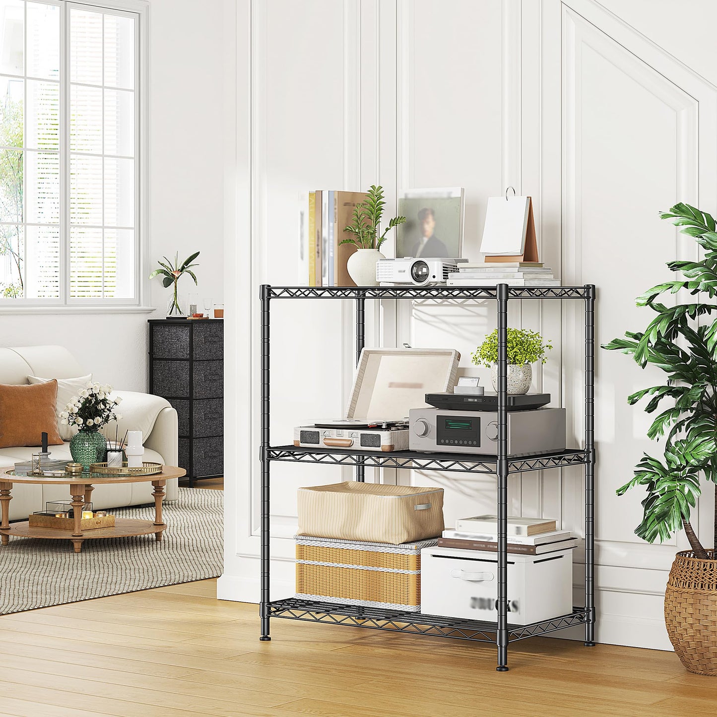 3 Tier Storage Shelves Metal Shelving Unit,Adjustable Wire Rack Pantry Kitchen Shelves,Small Shelf Wire Shelving for Laundry Office Bedroom Dorm Bathroom Closet 24" W x 30" H x 14" D Black Shelves
