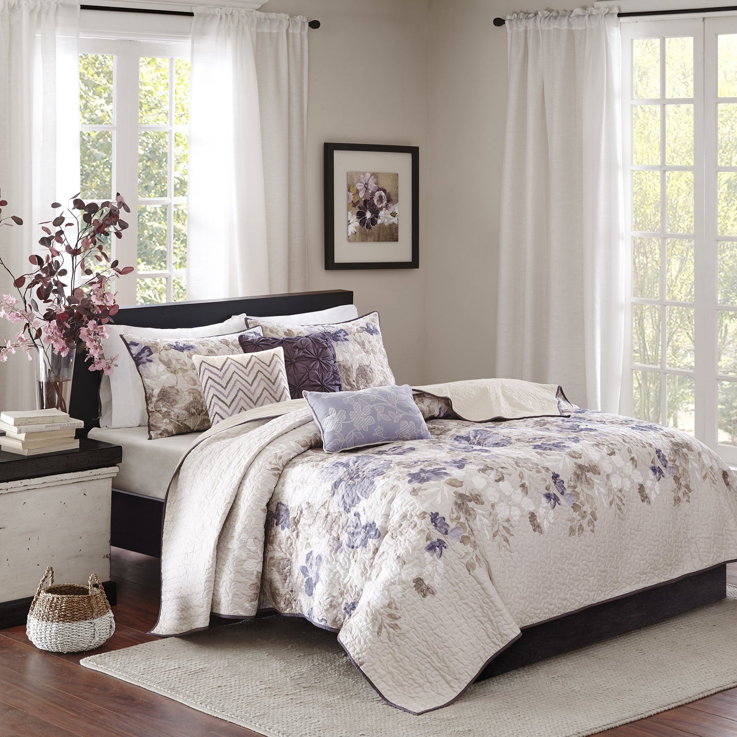 Madison Park Luna Quilt Modern Classic Design All Season, Breathable Coverlet Lightweight Bedding Set, Matching Shams, Decorative Pillow, King/Cal King(104"x94"), Floral Taupe 6 Piece