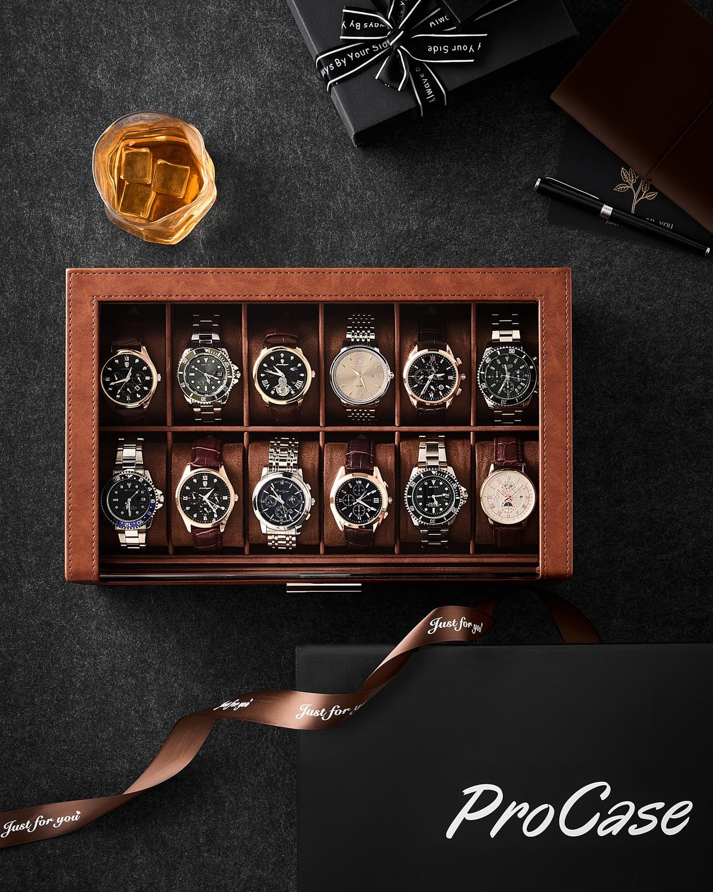 ProCase Watch Box for Men, 12 Slots Watch Display Holder with Clear Acrylic Top, Large Capacity PU Leather Case with Drawer Organizer, Jewelry Storage, Ideal Fathers Day Gift for Dad -Brown