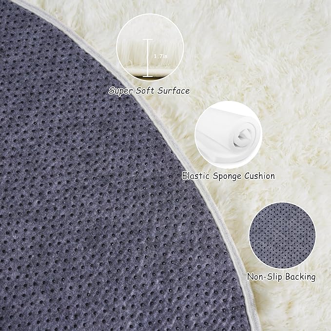Round Fluffy Rugs 3Ft for Girls Bedroom, Cream White Shag Circle Kids Rug Non-Slip for Bedside Dorm Nursery Playroom, Soft Cute Area Rugs for Living Room Decor