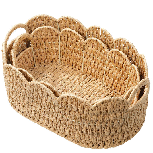 Coeusy Paper Rope Scalloped Basket Set of 2, Wicker Storage Baskets for Shelves,Gifts,Books,Toys,Cute Decor Rattan Baskets for Organizing,Natural Color