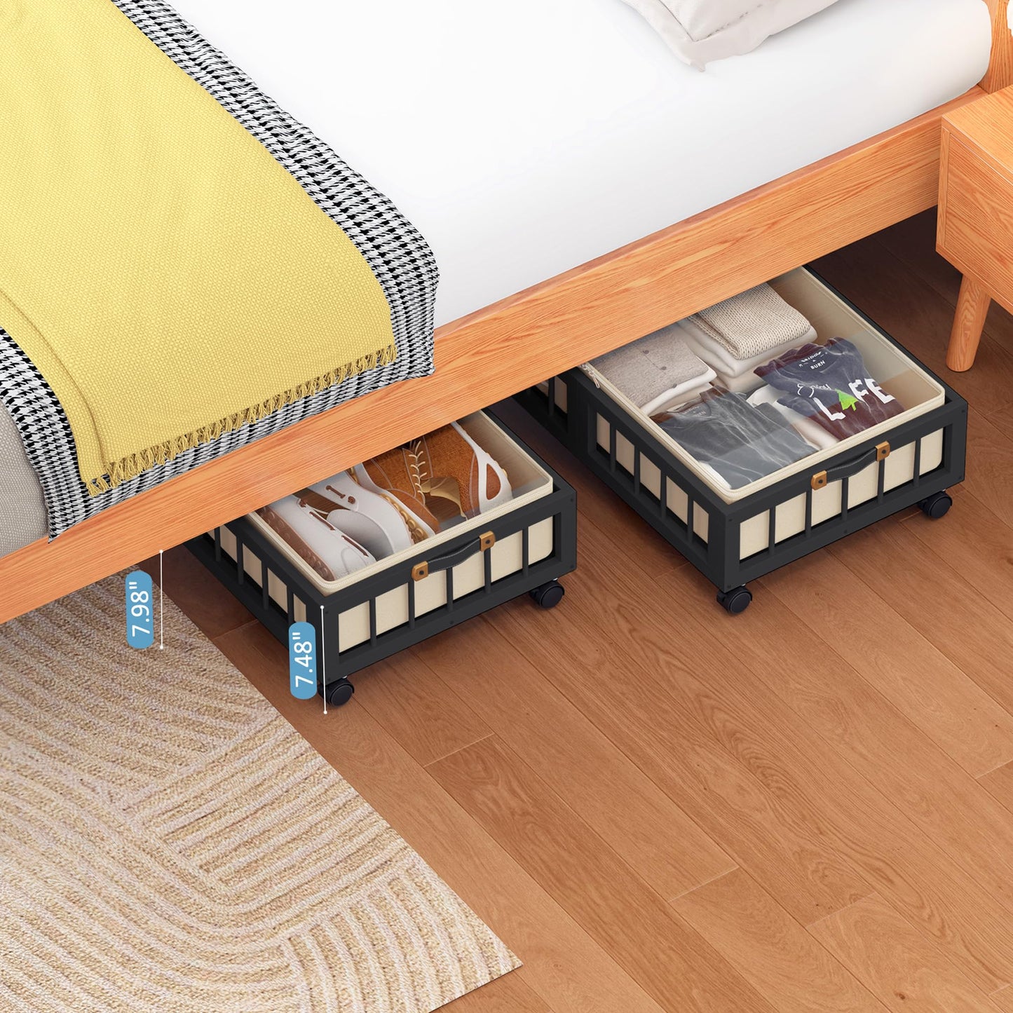 efluky 2-Pack Bamboo Under Bed Storage Containers with Wheels, Under Bed Clothes Storage Basket with Large Dust Bag, Rolling UnderBed Storage for Bedroom, Dorm and Basement, Black, (60 x 42 CM