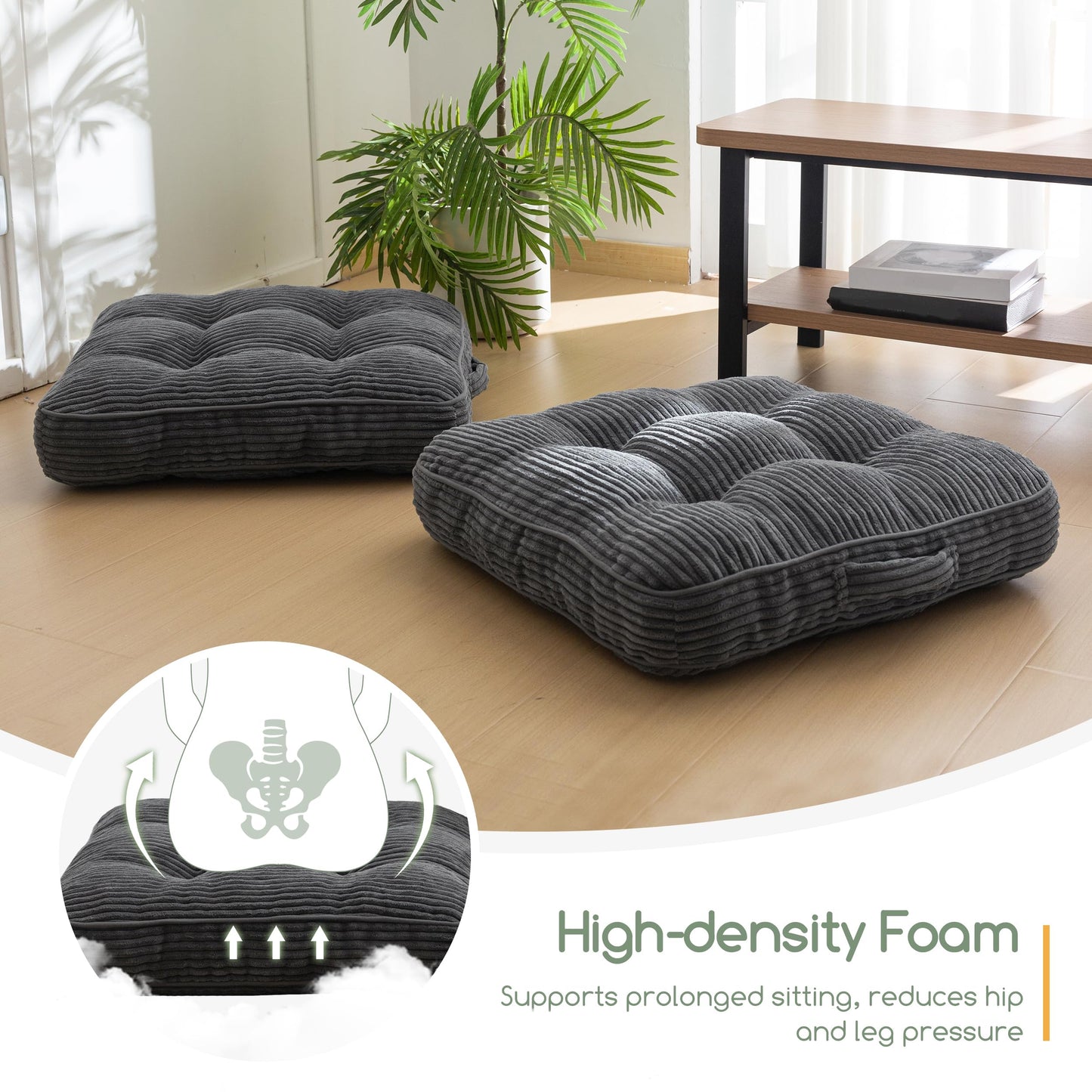 HIGOGOGO Floor Pillow Cushion for Adults, Meditation Cushion Pillow, Large Square Floor Sitting, Tufted Corduroy Cover, for Tatami Living Room or Yoga, 22x22 Inch, Dark Grey